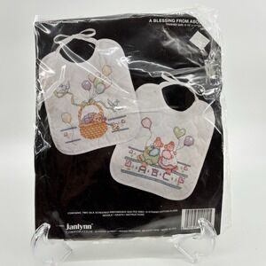 Vtg  Janlynn "A Blessing From Above Bibs" Printed Cross Stitch 1993 #149-09